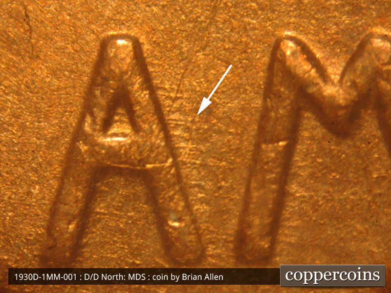 Die-stage B marker on 1930D•1MM•001 (1930 Repunched Mint Mark).
