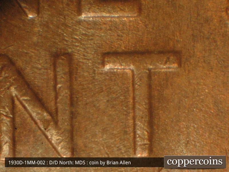 Die-stage B marker on 1930D•1MM•002 (1930 Repunched Mint Mark).