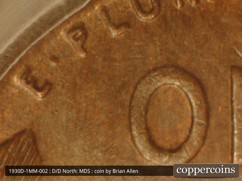 Die-stage B marker on 1930D•1MM•002 (1930 Repunched Mint Mark).