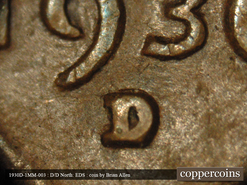 Die-stage A marker on 1930D•1MM•003 (1930 Repunched Mint Mark).