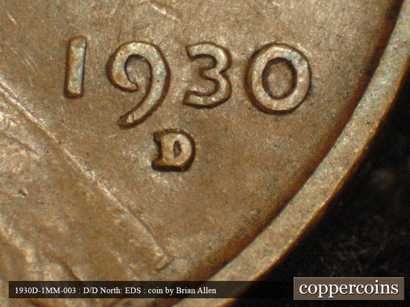 Die-stage A marker on 1930D•1MM•003 (1930 Repunched Mint Mark).