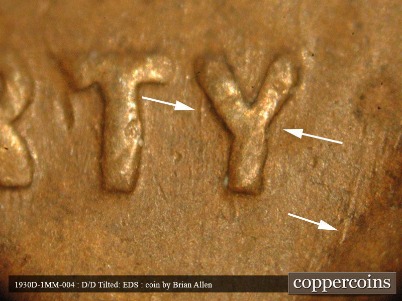 Die-stage A marker on 1930D•1MM•003 (1930 Repunched Mint Mark).