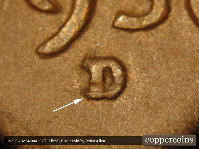 Die-stage A marker on 1930D•1MM•004 (1930 Repunched Mint Mark).