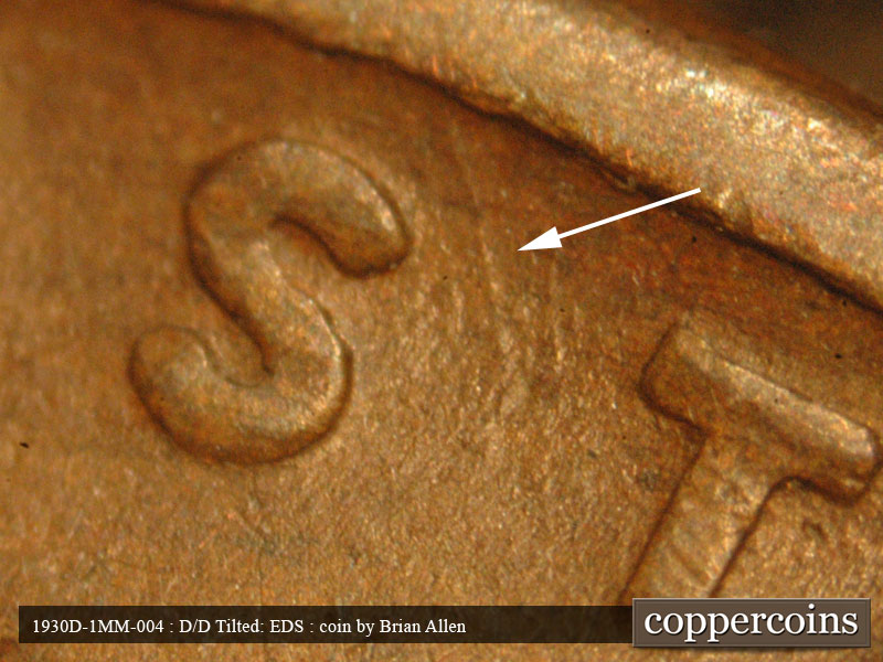 Die-stage A marker on 1930D•1MM•004 (1930 Repunched Mint Mark).