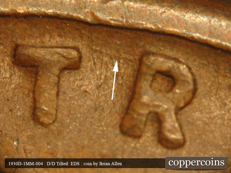 Die-stage A marker on 1930D•1MM•004 (1930 Repunched Mint Mark).