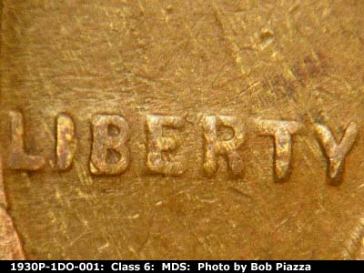 Die-stage B marker on 1930P•1DO•001 (1930 Doubled Die Obverse).