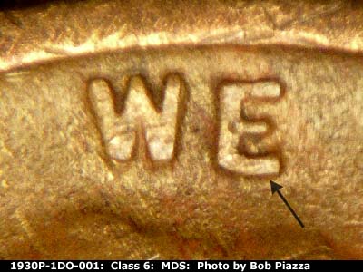Die-stage B marker on 1930P•1DO•001 (1930 Doubled Die Obverse).