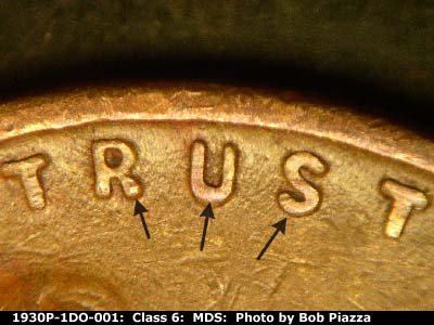 Die-stage B marker on 1930P•1DO•001 (1930 Doubled Die Obverse).