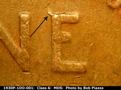 Die-stage B marker on 1930P•1DO•001 (1930 Doubled Die Obverse).