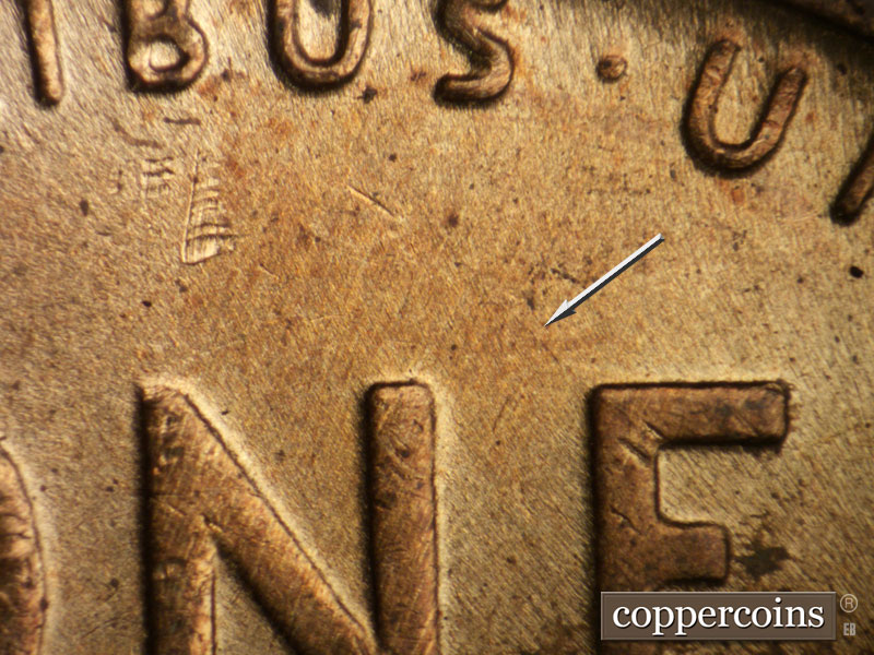 Die-stage B marker on 1930P•1DO•002 (1930 Doubled Die Obverse).