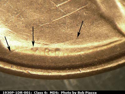Die-stage B marker on 1930P•1DR•001 (1930 Doubled Die Reverse).