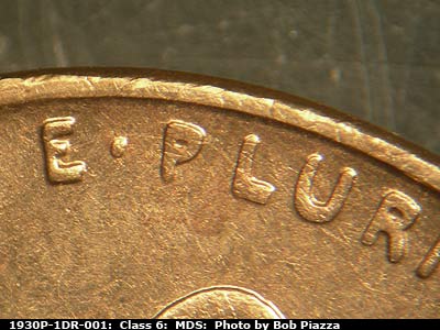 Die-stage B marker on 1930P•1DR•001 showing Very nice extra thickness in E PLURIBUS UNUM, as well as elongated dots.
