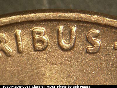Die-stage B marker on 1930P•1DR•001 showing Very nice extra thickness in E PLURIBUS UNUM, as well as elongated dots.