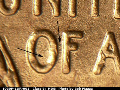 Die-stage B marker on 1930P•1DR•001 (1930 Doubled Die Reverse).