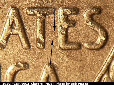 Die-stage B marker on 1930P•1DR•001 (1930 Doubled Die Reverse).