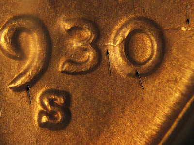 Die-stage C marker on 1930S•1DO•001 (1930 Doubled Die Obverse).