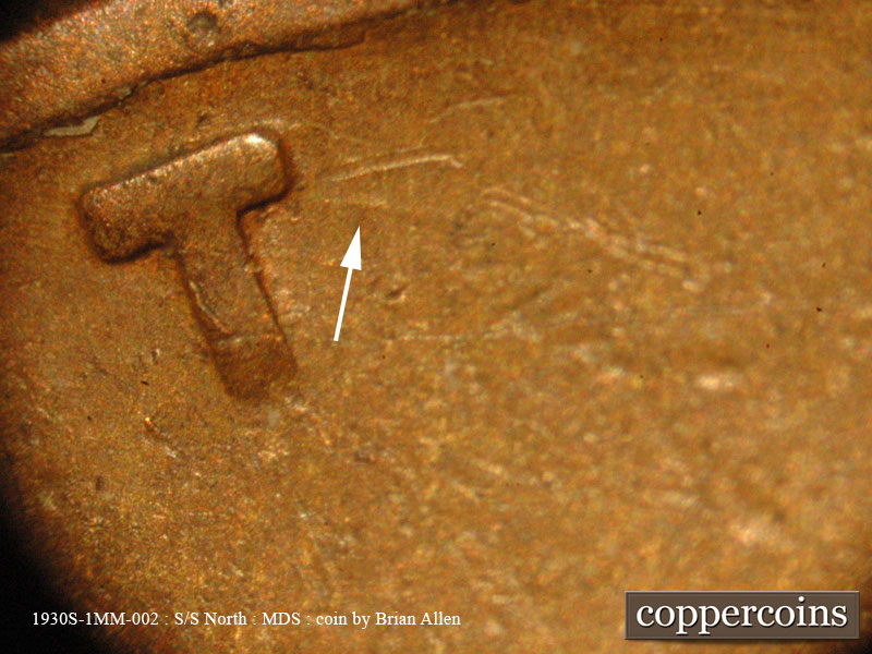 Die-stage B marker on 1930S•1MM•002 (1930 Repunched Mint Mark).