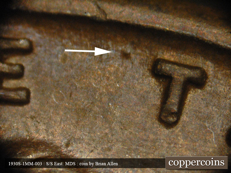 Die-stage B marker on 1930S•1MM•003 (1930 Repunched Mint Mark).