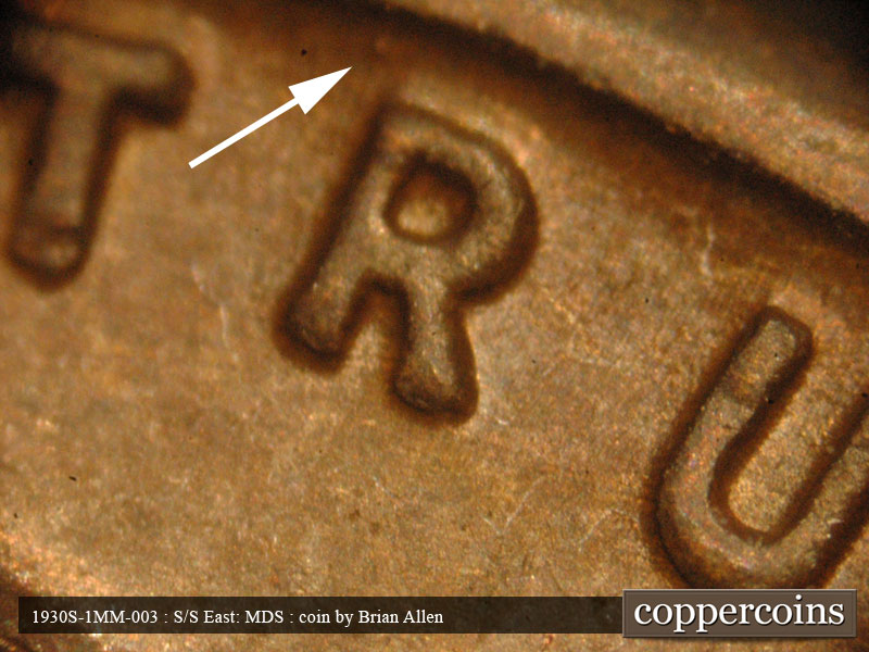 Die-stage B marker on 1930S•1MM•003 (1930 Repunched Mint Mark).
