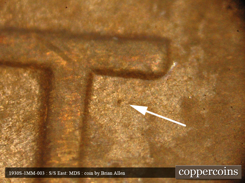 Die-stage B marker on 1930S•1MM•003 (1930 Repunched Mint Mark).
