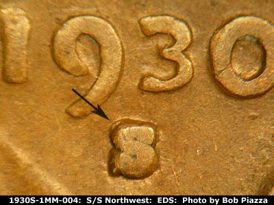 Die-stage A marker on 1930S•1MM•004 (1930 Repunched Mint Mark).