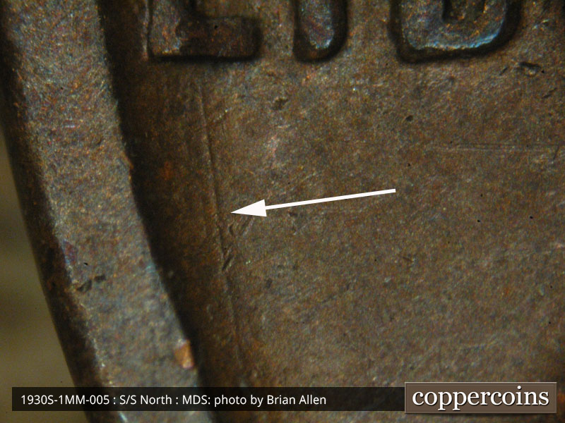 Die-stage B marker on 1930S•1MM•005 (1930 Repunched Mint Mark).