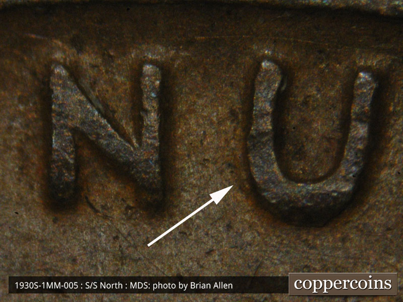 Die-stage B marker on 1930S•1MM•005 (1930 Repunched Mint Mark).