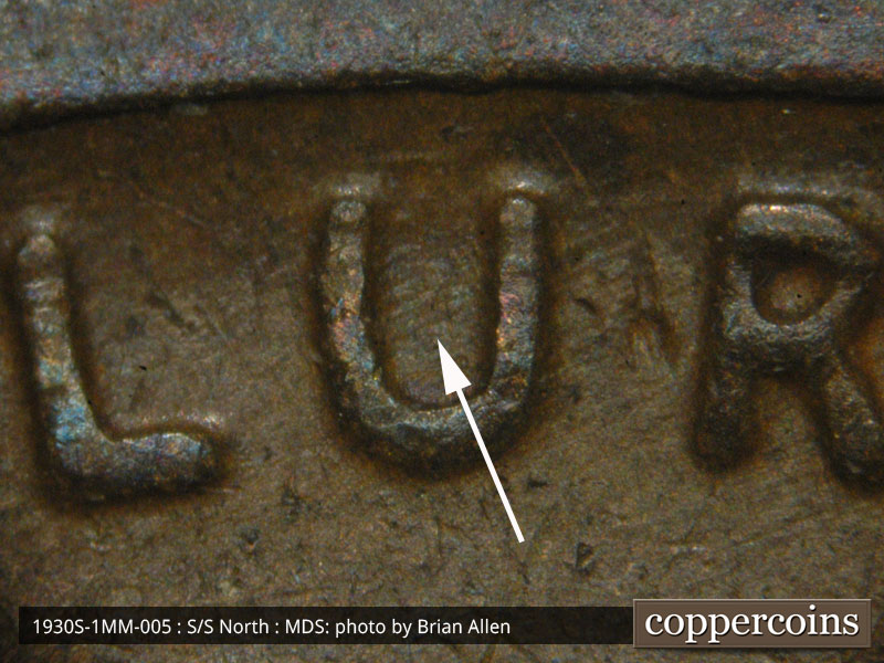 Die-stage B marker on 1930S•1MM•005 (1930 Repunched Mint Mark).