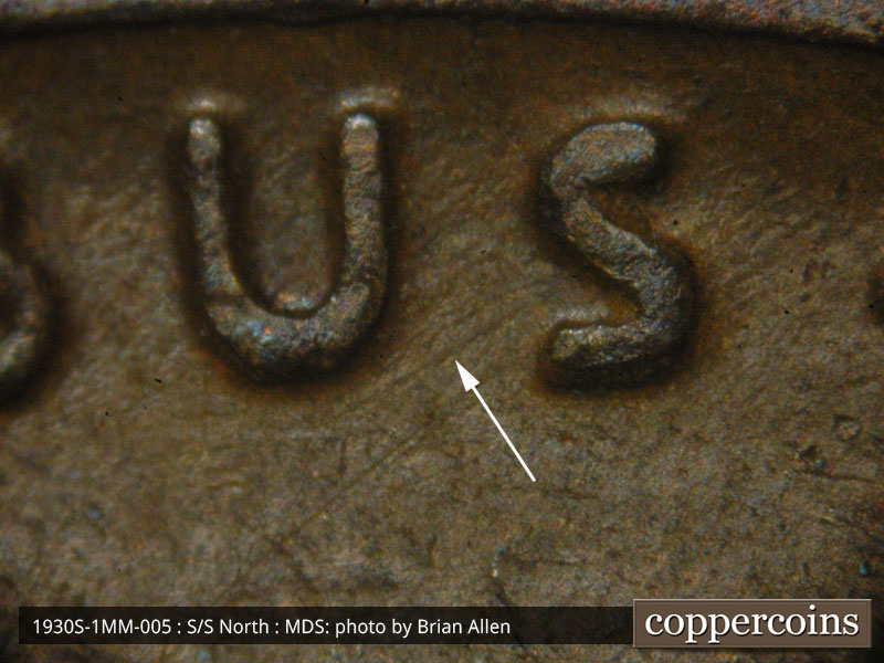 Die-stage B marker on 1930S•1MM•005 (1930 Repunched Mint Mark).