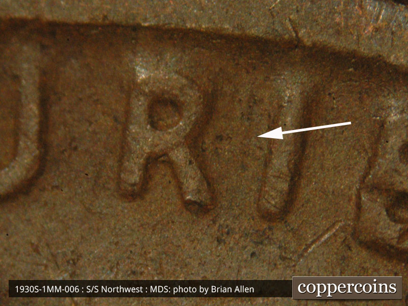 Die-stage B marker on 1930S•1MM•006 (1930 Repunched Mint Mark).