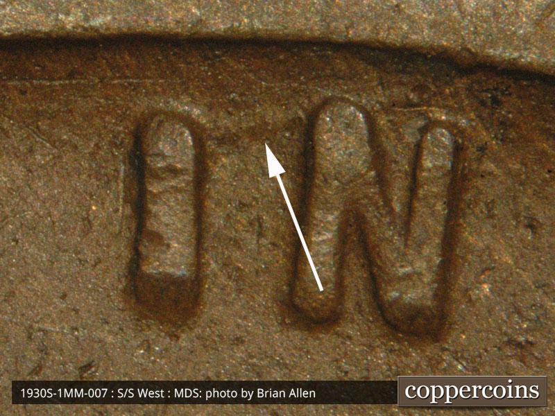 Die-stage B marker on 1930S•1MM•007 (1930 Repunched Mint Mark).