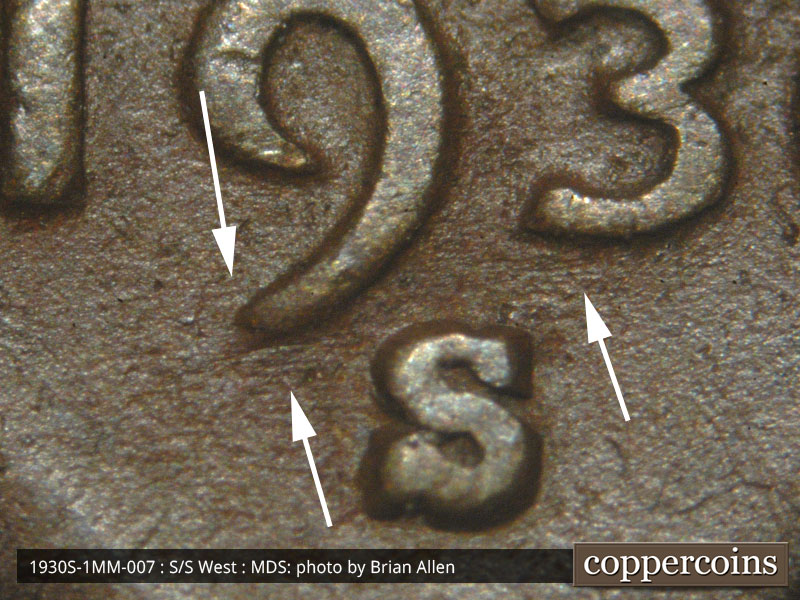 Die-stage B marker on 1930S•1MM•007 (1930 Repunched Mint Mark).