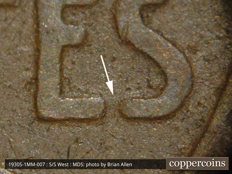 Die-stage B marker on 1930S•1MM•007 (1930 Repunched Mint Mark).