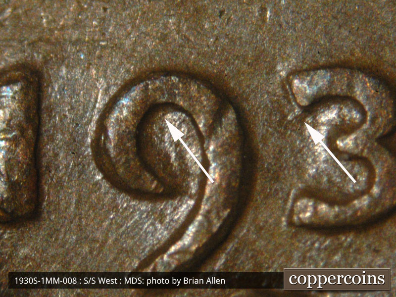 Die-stage B marker on 1930S•1MM•008 (1930 Repunched Mint Mark).