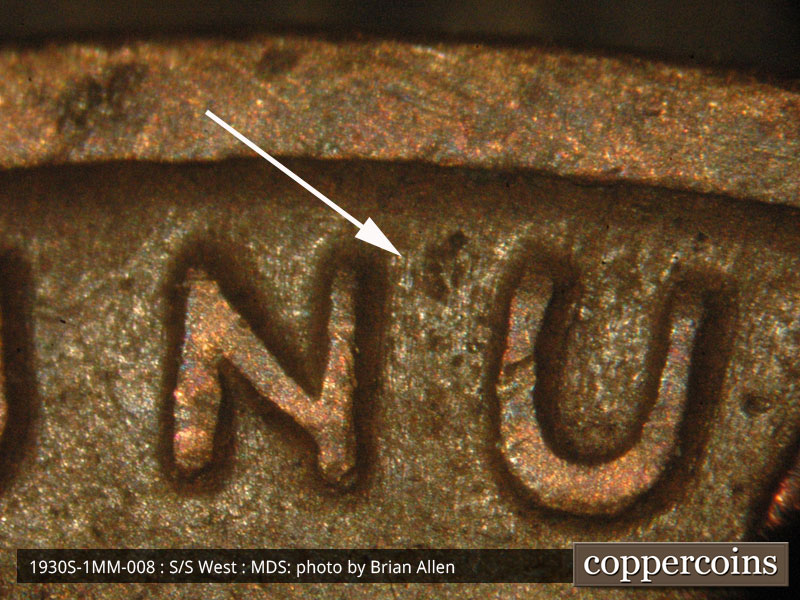 Die-stage B marker on 1930S•1MM•008 (1930 Repunched Mint Mark).