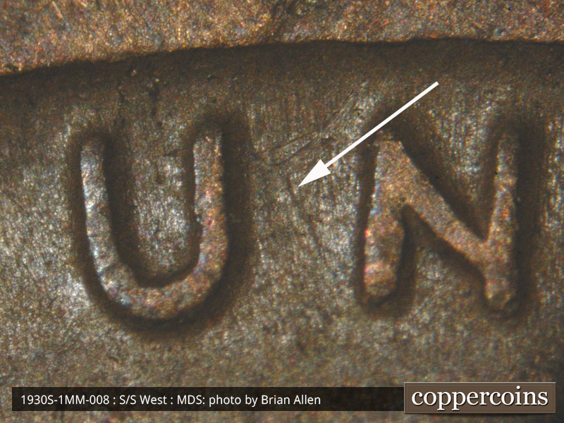 Die-stage B marker on 1930S•1MM•008 (1930 Repunched Mint Mark).