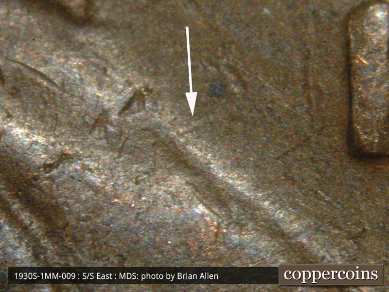 Die-stage B marker on 1930S•1MM•009 (1930 Repunched Mint Mark).