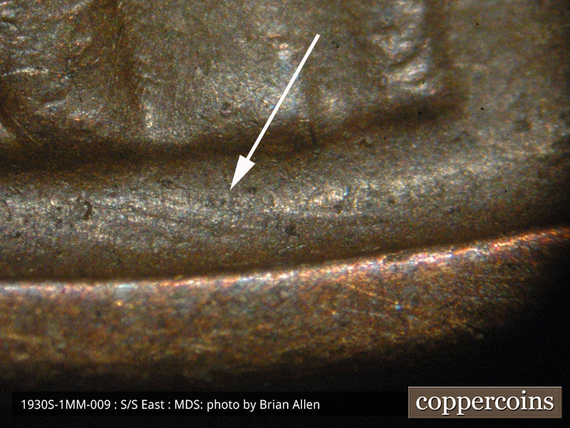 Die-stage B marker on 1930S•1MM•009 (1930 Repunched Mint Mark).