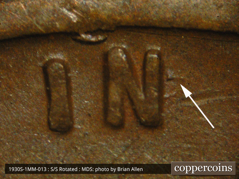 Die-stage B marker on 1930S•1MM•013 (1930 Repunched Mint Mark).