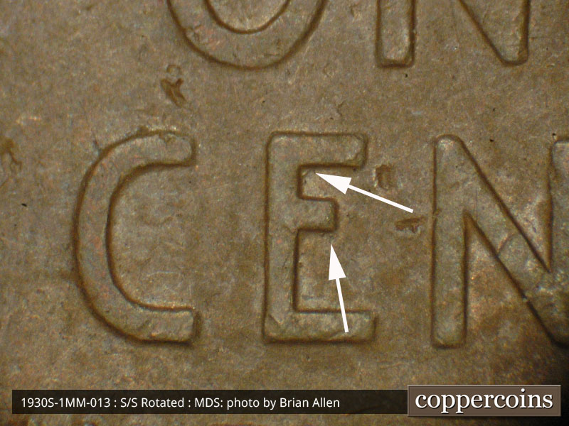 Die-stage B marker on 1930S•1MM•013 (1930 Repunched Mint Mark).