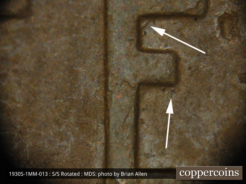 Die-stage B marker on 1930S•1MM•013 (1930 Repunched Mint Mark).