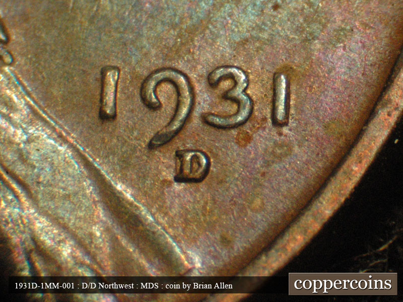 Die-stage B marker on 1931D•1MM•001 (1931 Repunched Mint Mark).