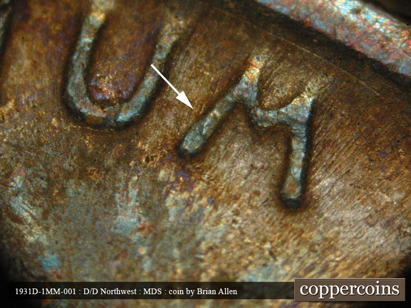 Die-stage B marker on 1931D•1MM•001 (1931 Repunched Mint Mark).