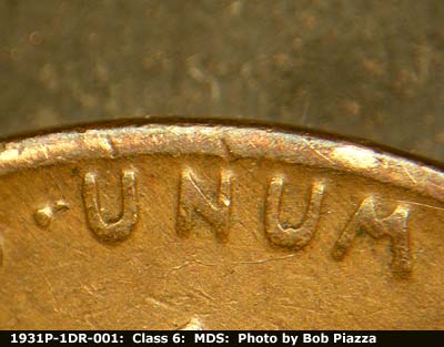 Die-stage B marker on 1931P•1DR•001 (1931 Doubled Die Reverse).