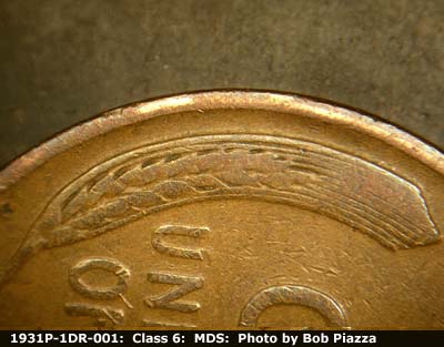 Die-stage B marker on 1931P•1DR•001 (1931 Doubled Die Reverse).