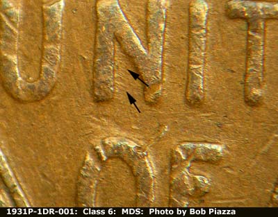 Die-stage B marker on 1931P•1DR•001 (1931 Doubled Die Reverse).
