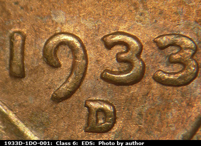 Die-stage A marker on 1933D•1DO•001 (1933 Doubled Die Obverse).