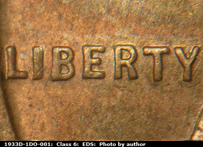 Die-stage A marker on 1933D•1DO•001 (1933 Doubled Die Obverse).