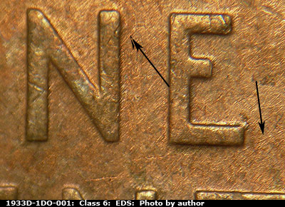 Die-stage A marker on 1933D•1DO•001 (1933 Doubled Die Obverse).