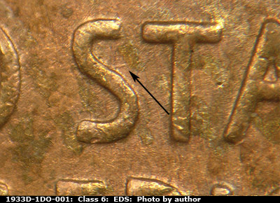 Die-stage A marker on 1933D•1DO•001 (1933 Doubled Die Obverse).